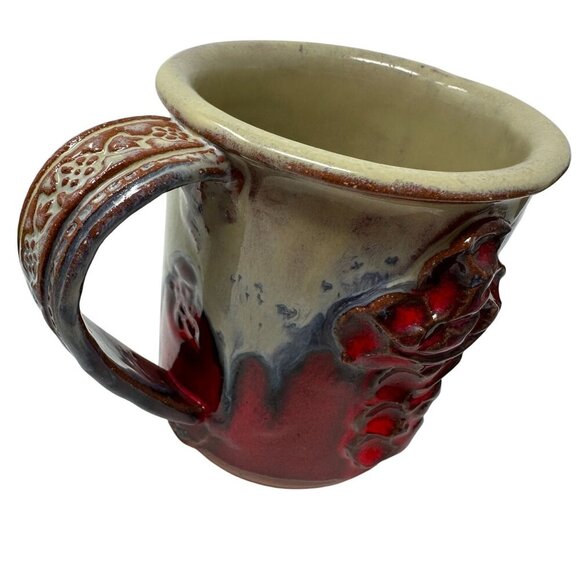 Handcrafted Ceramic Coffee Mug Redware Drip Glaze Rustic Cross Floral Handle - Picture 7 of 16
